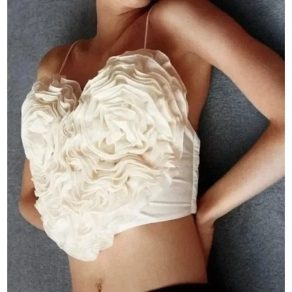 Zara Voluminous Heart Crop Top Valentines Ruffles Ivory XL 7200/004 NWT